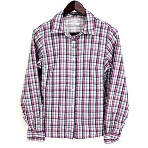 Columbia Shirt Womens Medium Pink White Gray Omni-Shade Sun Protection Button Up